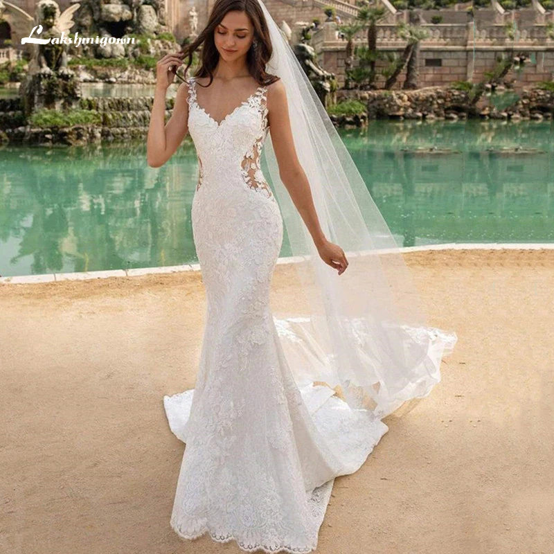 

Свадебное платье-трапеция в стиле бохо, с высоким воротником, аппликацией и открытой спиной, кружевное свадебное платье с коротким рукавом ...