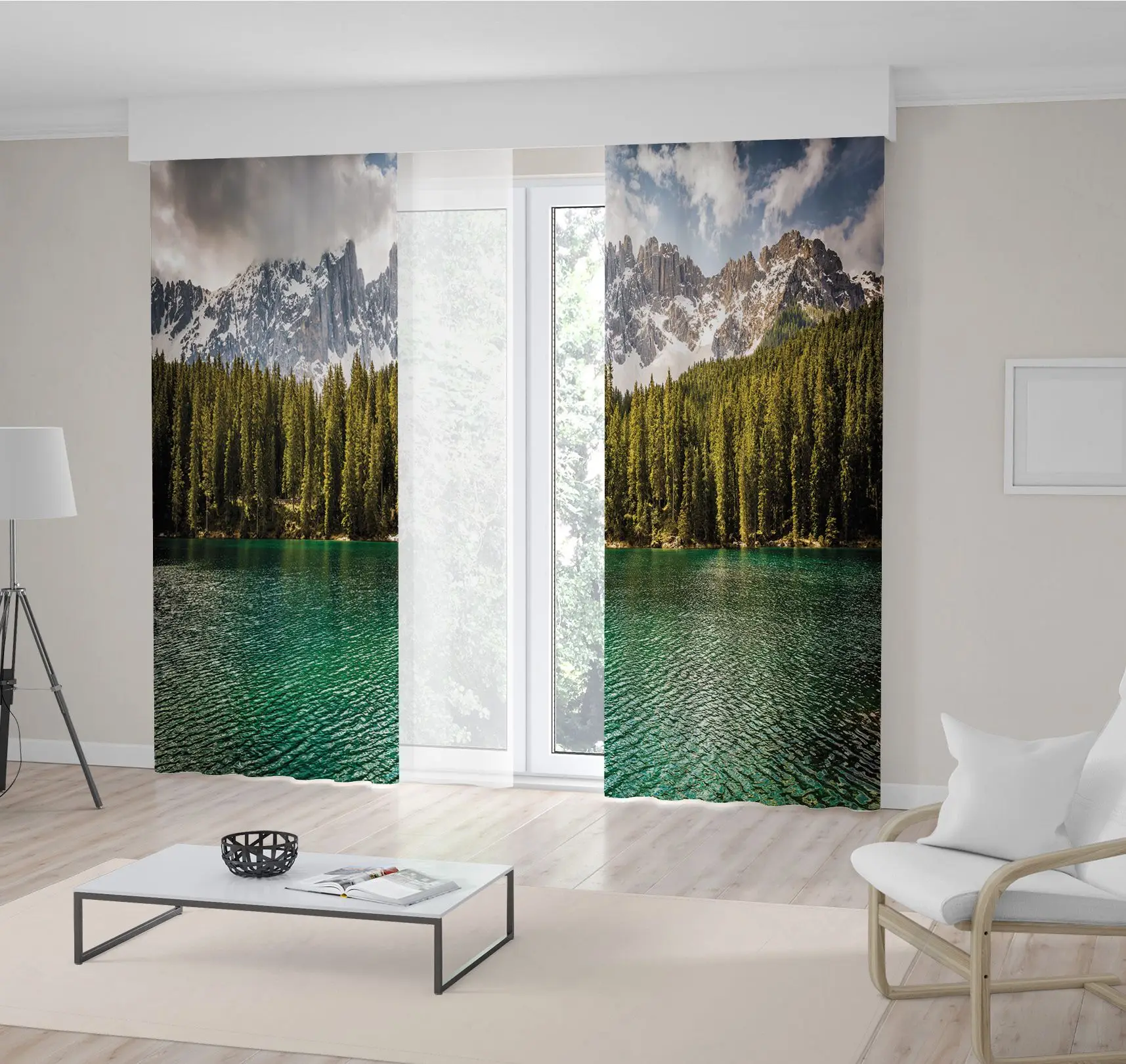 

Curtain Mountain Pine Trees Reflection on Carezza Lacquer, Trentino, Dolomites Alps, Italy Landscape in Green and Grey