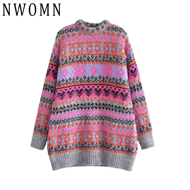 

NWOMN Za Long Knitted Sweater Woman Vintage Jacquard Autumn Winter 2022 Oversized Sweaters Women Long Sleeve Pullover Jersey