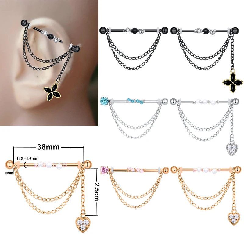 14G Stainless Steel 38mm Industrial Piercing Barbell Chain Jewelry Dangle Industrial Earring for Women Men Cartilage Earring