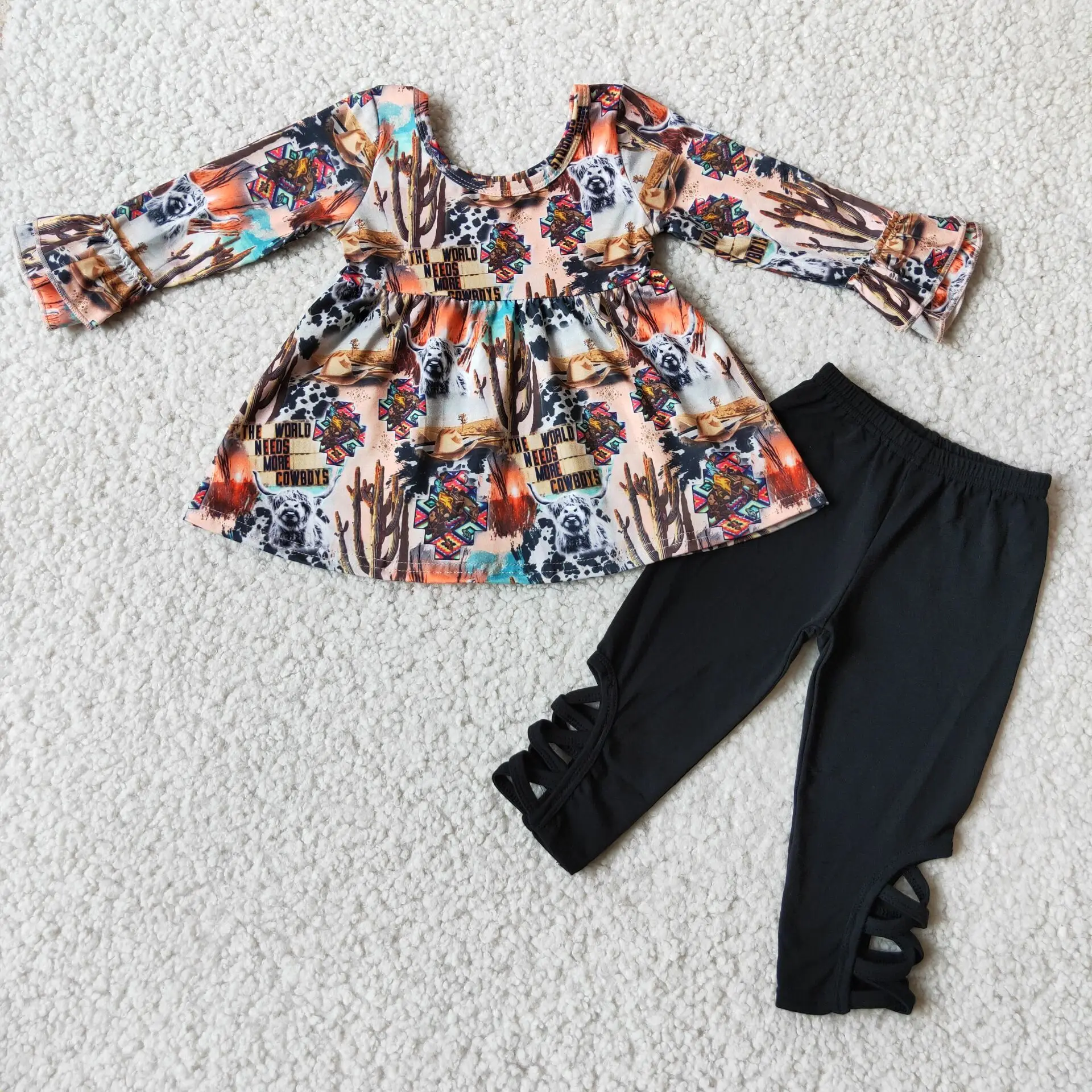 

Wholesale kids clothing winter baby girl fall outfit cowgirl leopard print top girl leggings pants boutique 2-piece set