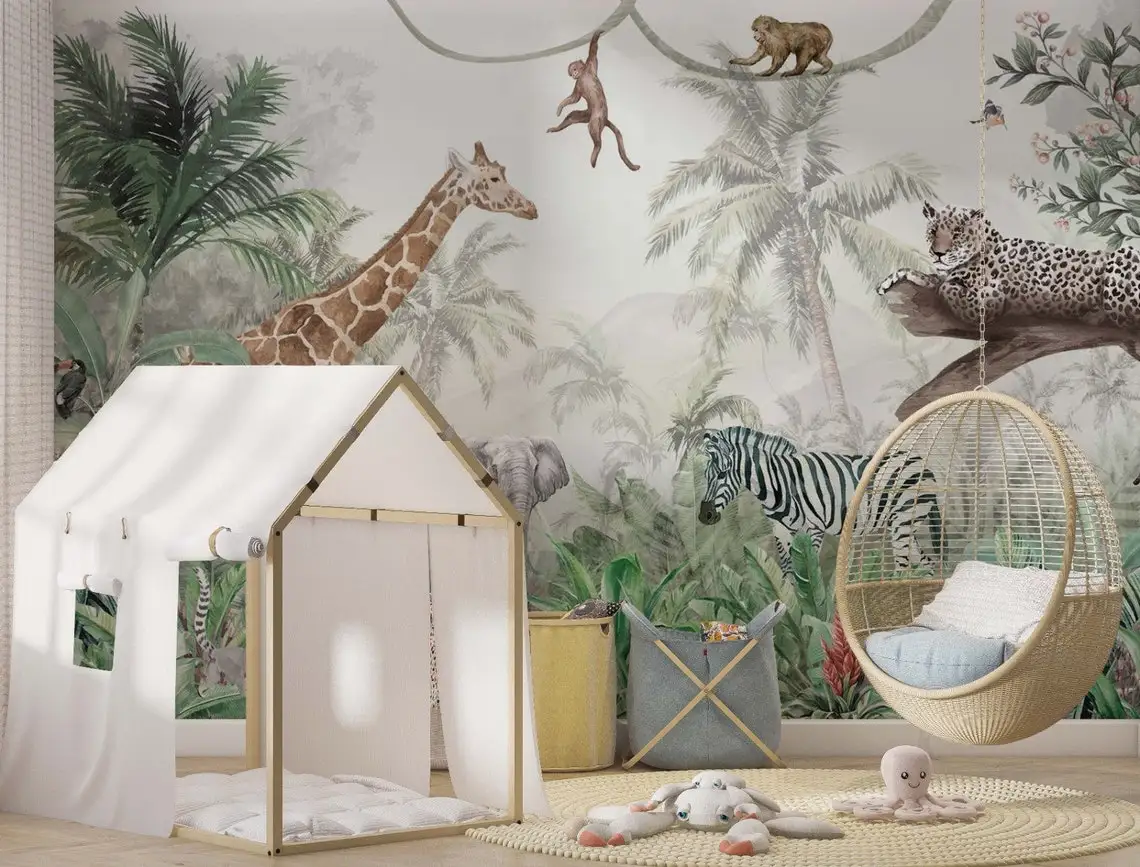 

SAFARI Wallpaper Monkey, Giraffe, Elephant Peel And Stick Tropical Mural Nursey Decor Bedroom Safari Animals With Baby- MUR5071