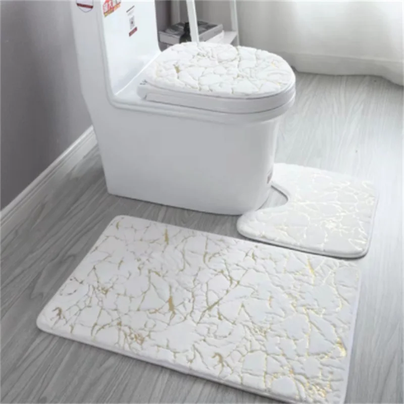 mat set of household living room bathroom toilet cushion set gold printing nonslip mat marble bronzing rug free global shipping