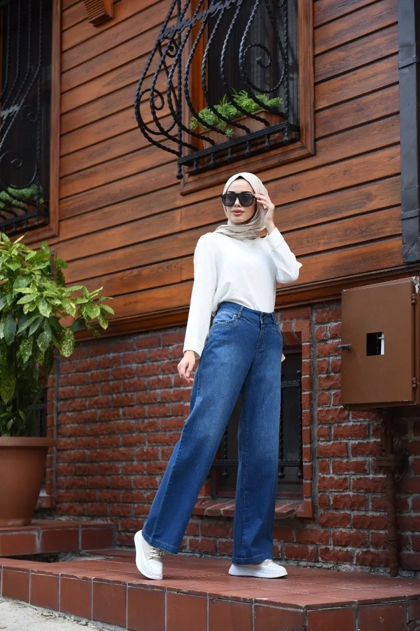 

Women Wide Leg Denim Jeans High Quality Islamic Comfortable Modern Muslim Clothing Made in Turkey 10016