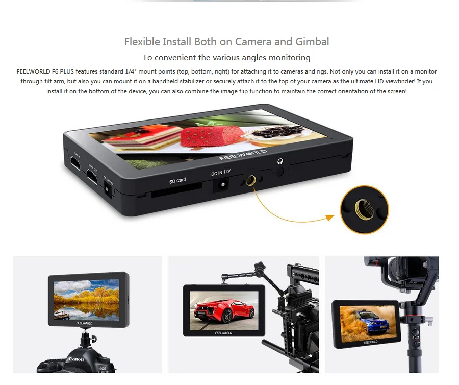FEELWORLD F6 Plus 5,5 дюймов для однообъективной цифровой зеркальной фотокамеры камера полевой монитор 3D LUT сенсорный экран Поддержка 4K HDMI ips FHD 1920X1080 с наклонной рукояткой