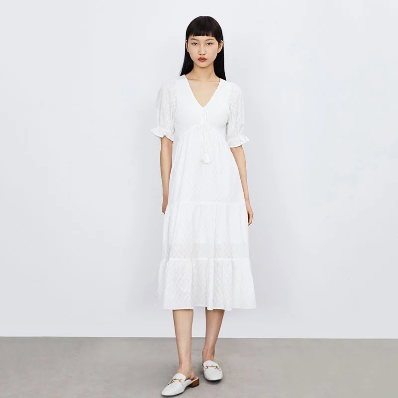 

Summer Ultra-thin Skirt Cute Dress Puff Sleeve Dresses Women Sweet Girl Lace Up White Dresses Beach High-Waisted Dress Lady 2021