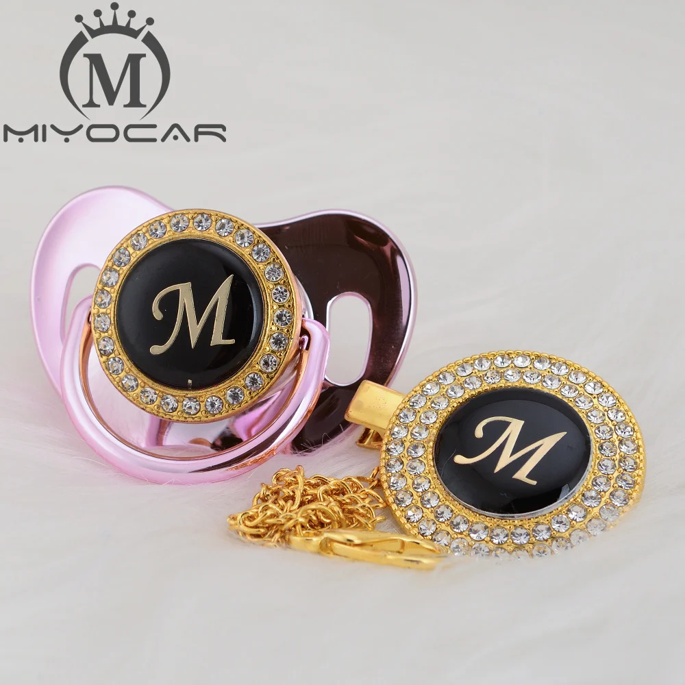 

MIYOCAR Gold silver name Initials letter M beautiful bling pacifier and pacifier clip BPA free dummy bling unique design LM