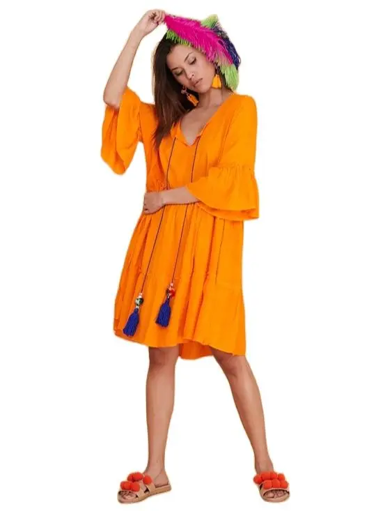 Tasseled Collar Viscose Fabric Boho Dress 2022 Authentic New Fashion Women's Clothing. Orange Navy Black Colors Xs To 4xl