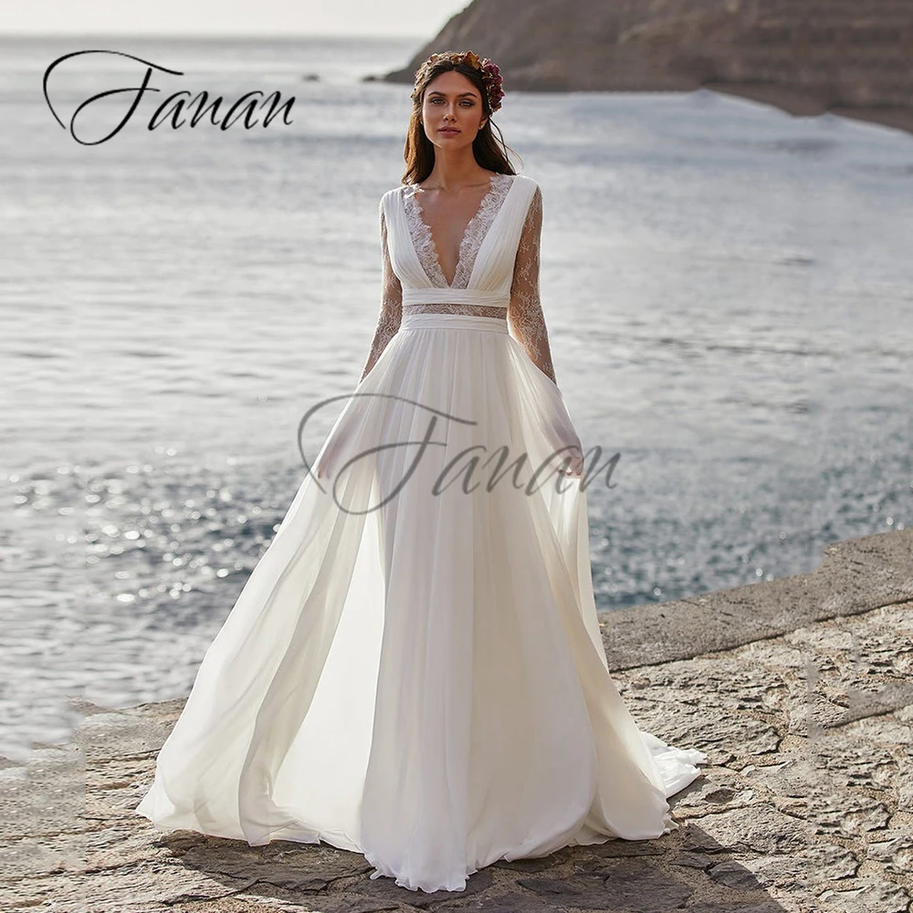 

vestidos Boho Deep V-Neck A-Line Chiffon Wedding Dresses See-Through Long Sleeve Lace Appliques Bridal Gown robe de mariée