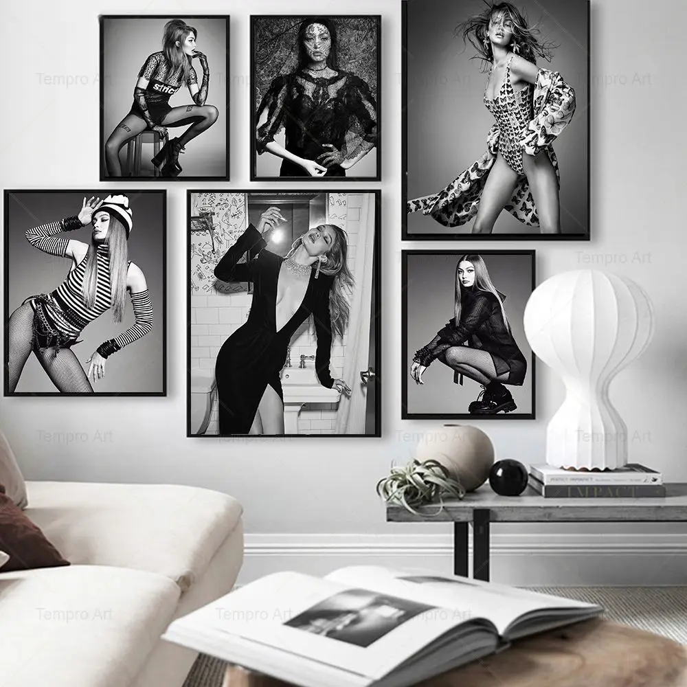 

Black White Fashion Female Star Poster Gigi Hadid Super Model Canvas Painting Wall Art Pictures For Living Room Home Decoration