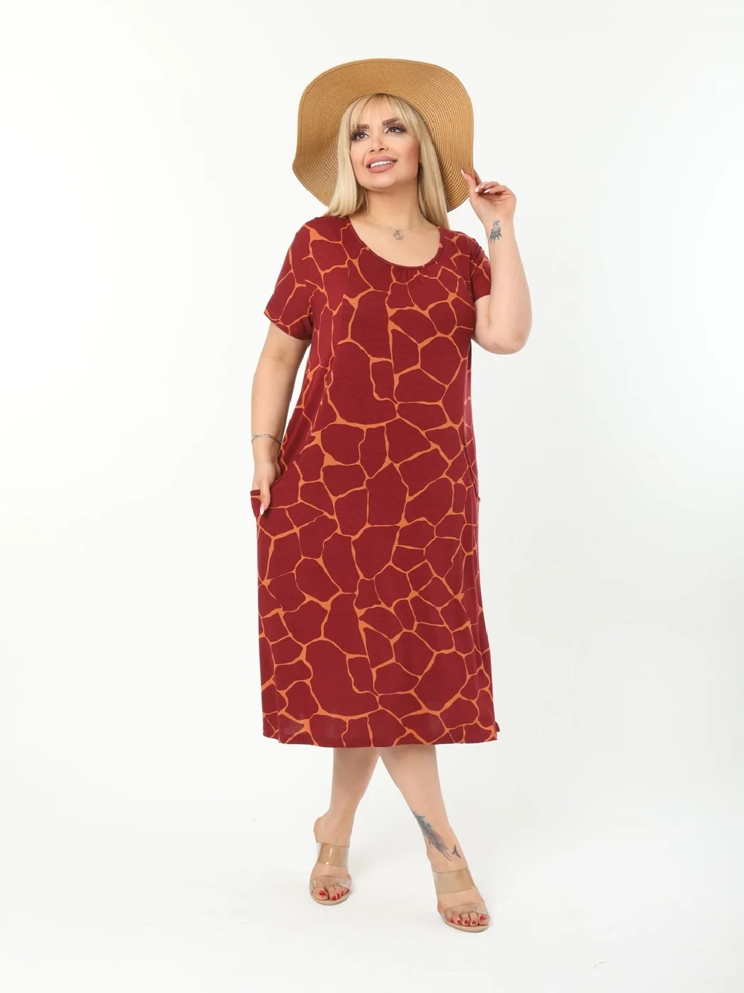 Plus Size Women Clothing 2022 Summer Casual Dressing with Pockets Red Stone Mid-Calf Lycra Knitted Viscose Made in Turkey