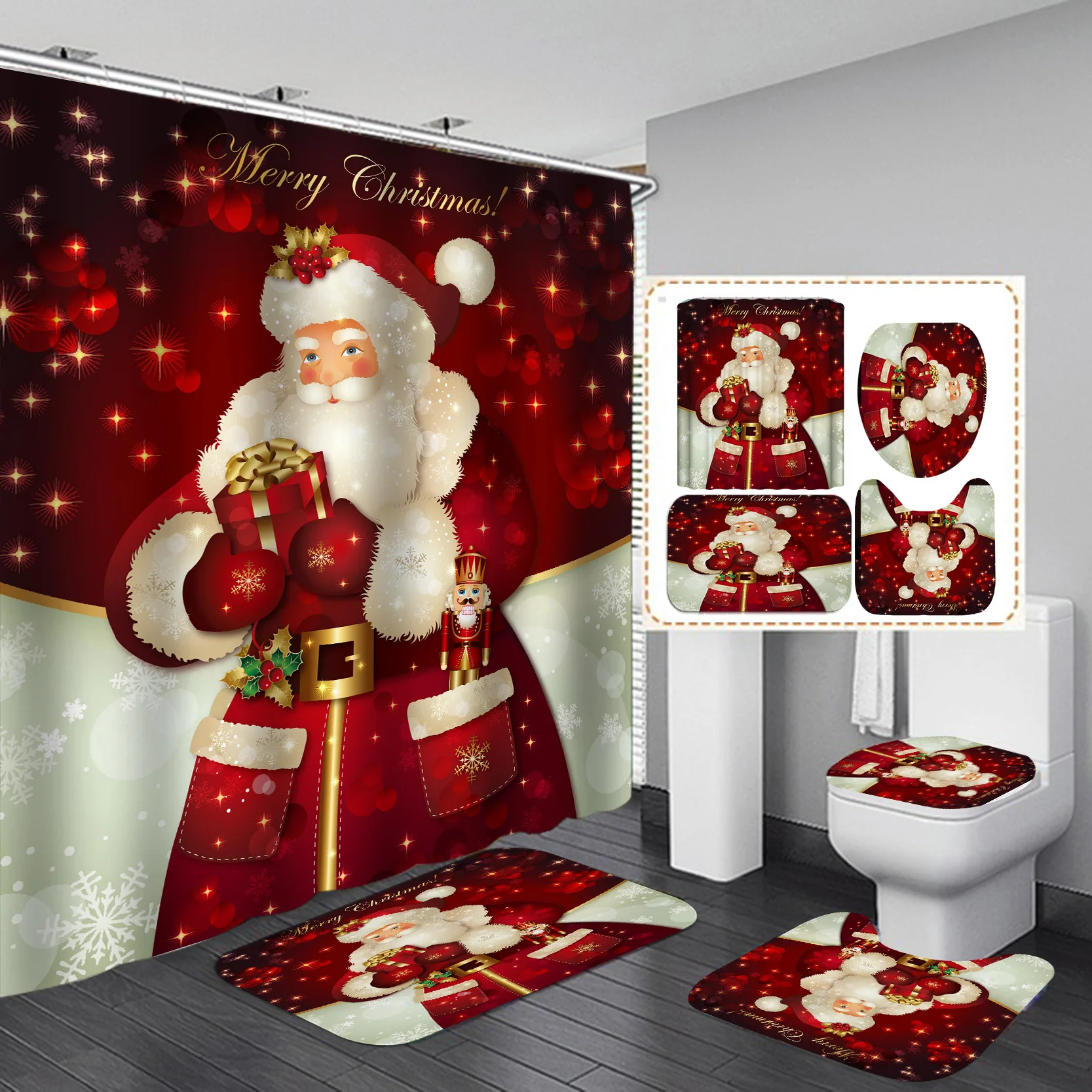 Christmas Trees Printed Shower Curtains for Bathroom Bathing Screen with Anti-slip Mat Carpet Toilet Partition Home Decor
