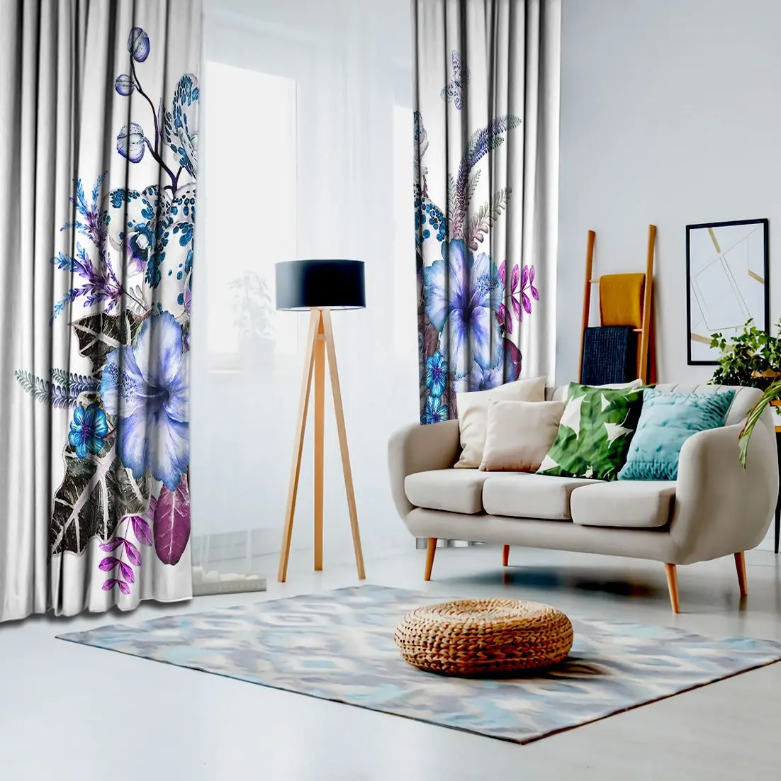 Штора Орхидея букет из гибискуса цветов листья бабочки и почки экзотическая