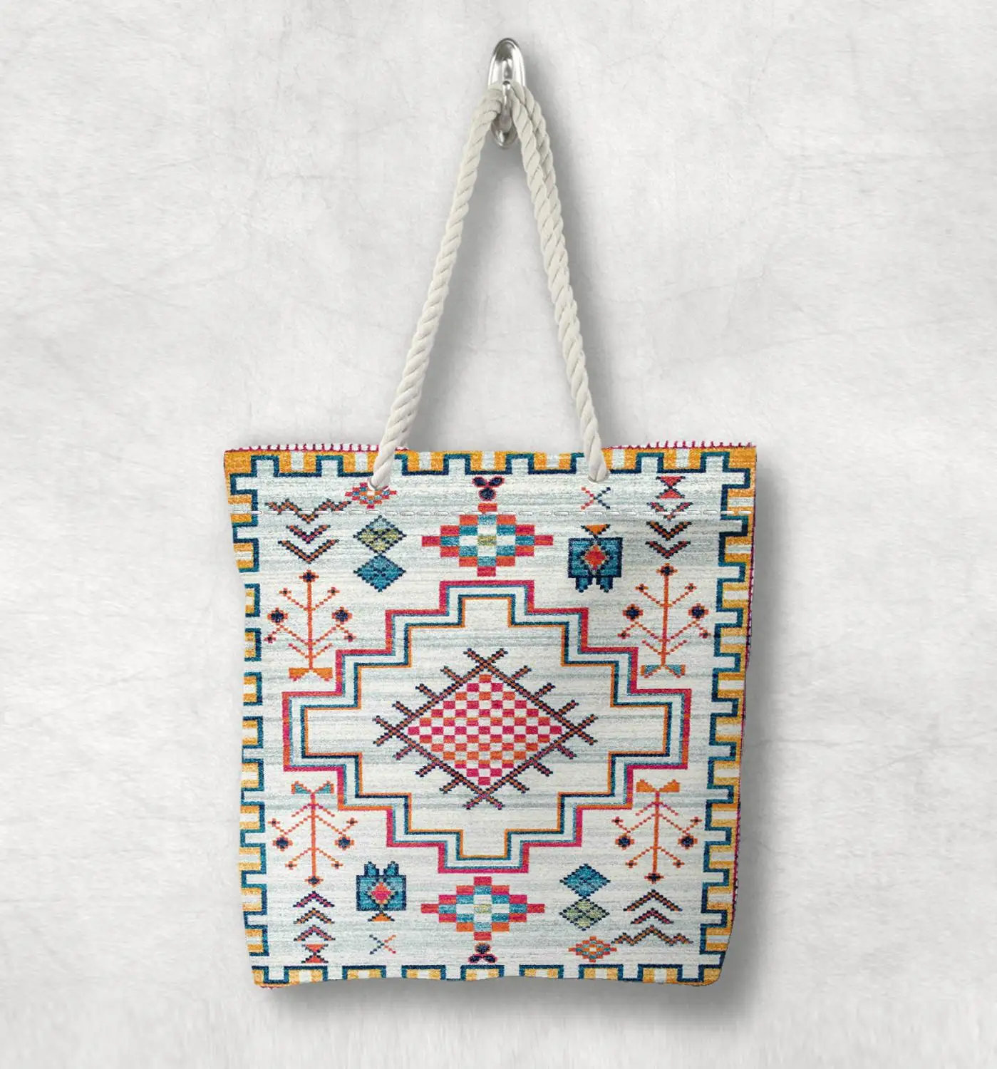 

Else Anatolia Vintage Turkish Kilim Design New Fashion White Rope Handle Canvas Bag Cotton Canvas Zippered Tote Bag Shoulder Bag
