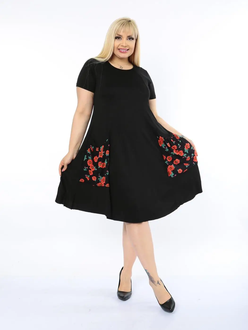 Plus Size Women Clothing 2022 Summer High Street Fashion with Pockets Rose Knee-Length Lycra Knitted Viscose Made in Turkey