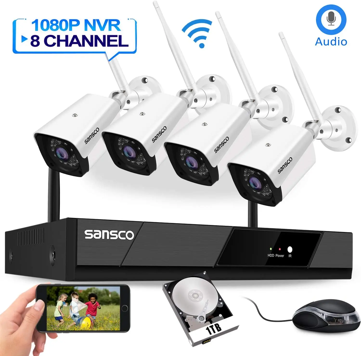 Беспроводная Wi Fi система видеонаблюдения SANSCO H.265 1080P 8 каналов сетевой