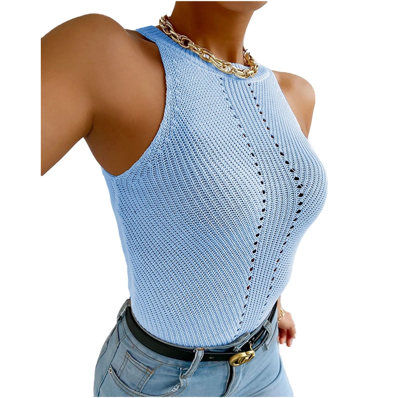 

Women Halter Shirts Summer Sexy Knit Tank Tops Sleeveless Solid Color Sweater Casual Pullover Crop Tops Tees