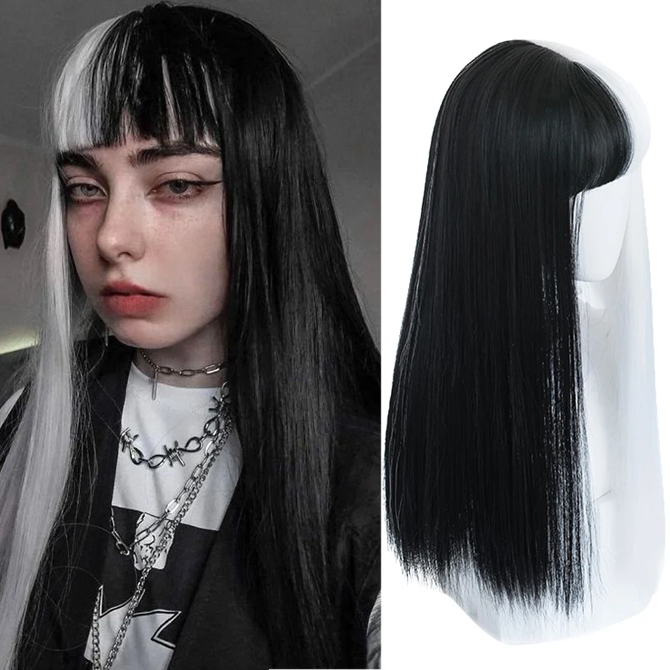 HOUYAN Long straight synthetic wig hair girl golden bangs lolita cosplay wig natural black brown wig bangs heat resistant party