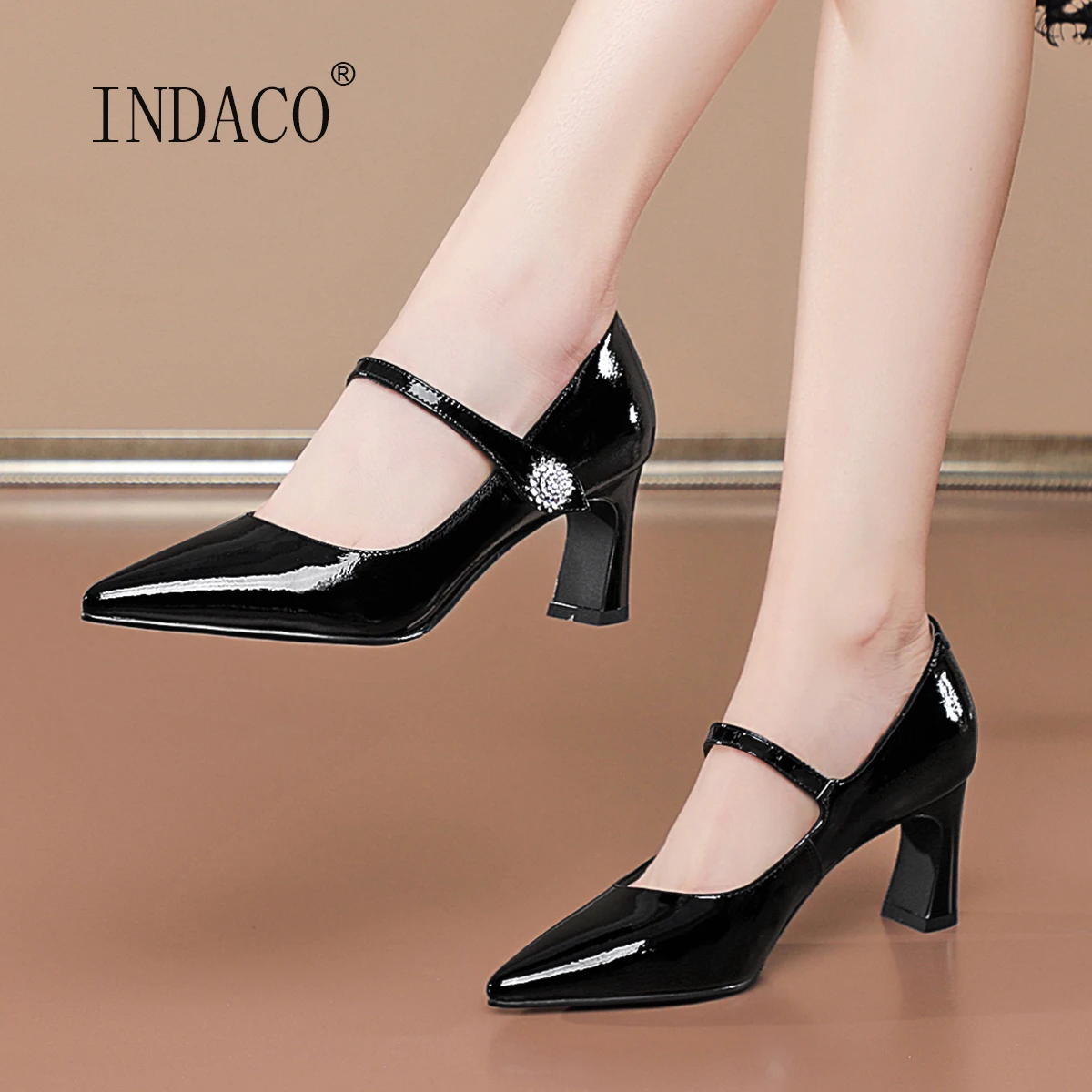 

Fashion Leather Women Shoes Pointed Toe Mary Janes Shoes Rhinstone One Buckle Party Shoes Grey 6.5CM Size 33-39