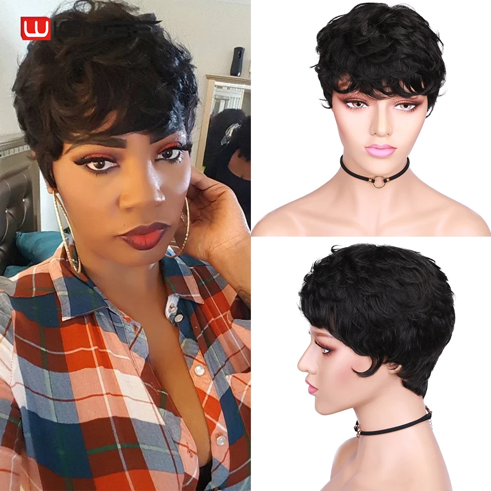 

Short Pixie Cut Curly Human Hair Wig With Free Bangs For Women Remy Brazilian Afro Jerry Curl Glueless Natural Black Cheap Wig