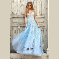 cathy sexy a line lace embroidered evening dresses v neck tulle premium temperament prom dresses custom vestidos de fiesta