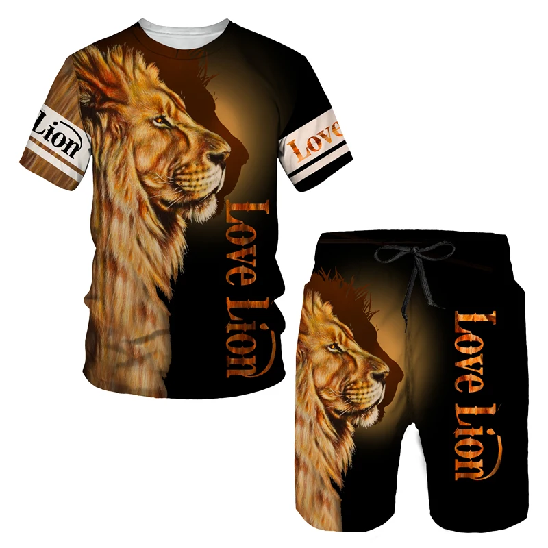 Костюм мужской летний из футболки и шортов с 3D-принтом льва круглым вырезом |