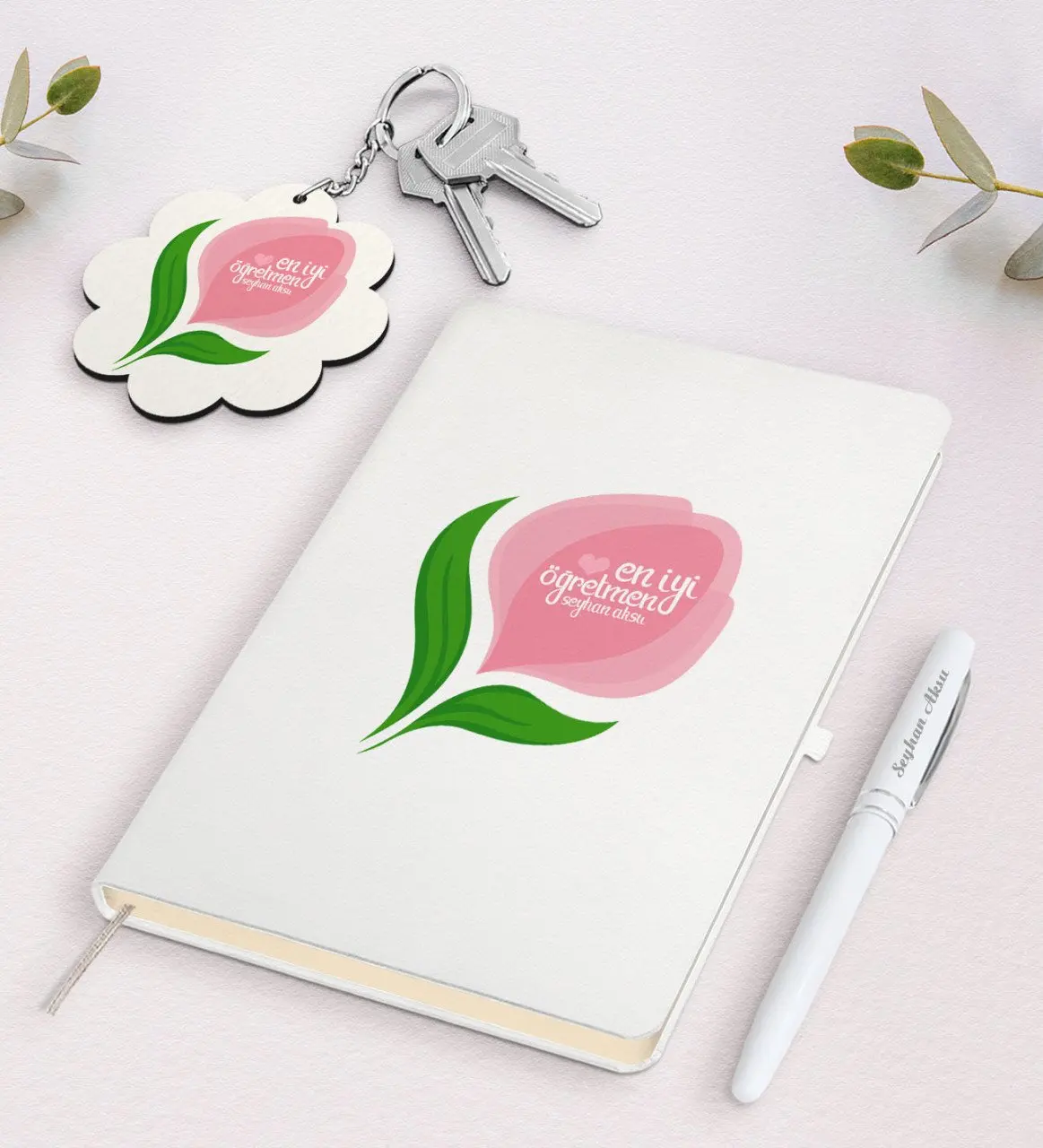 

Personalized Best Teacher White Notebook Pen And Keychain Gift Seti-14