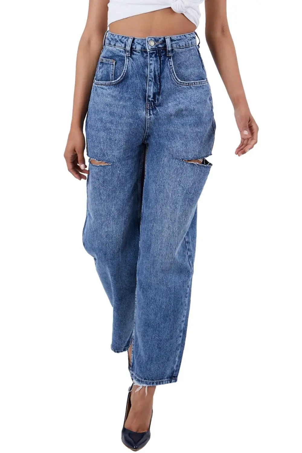 

High Waist Side Cutout Detailed Jeans Woman New Fashion Denim Streetwear Cargo Clothing Full Size Pants Vintage Comfortable