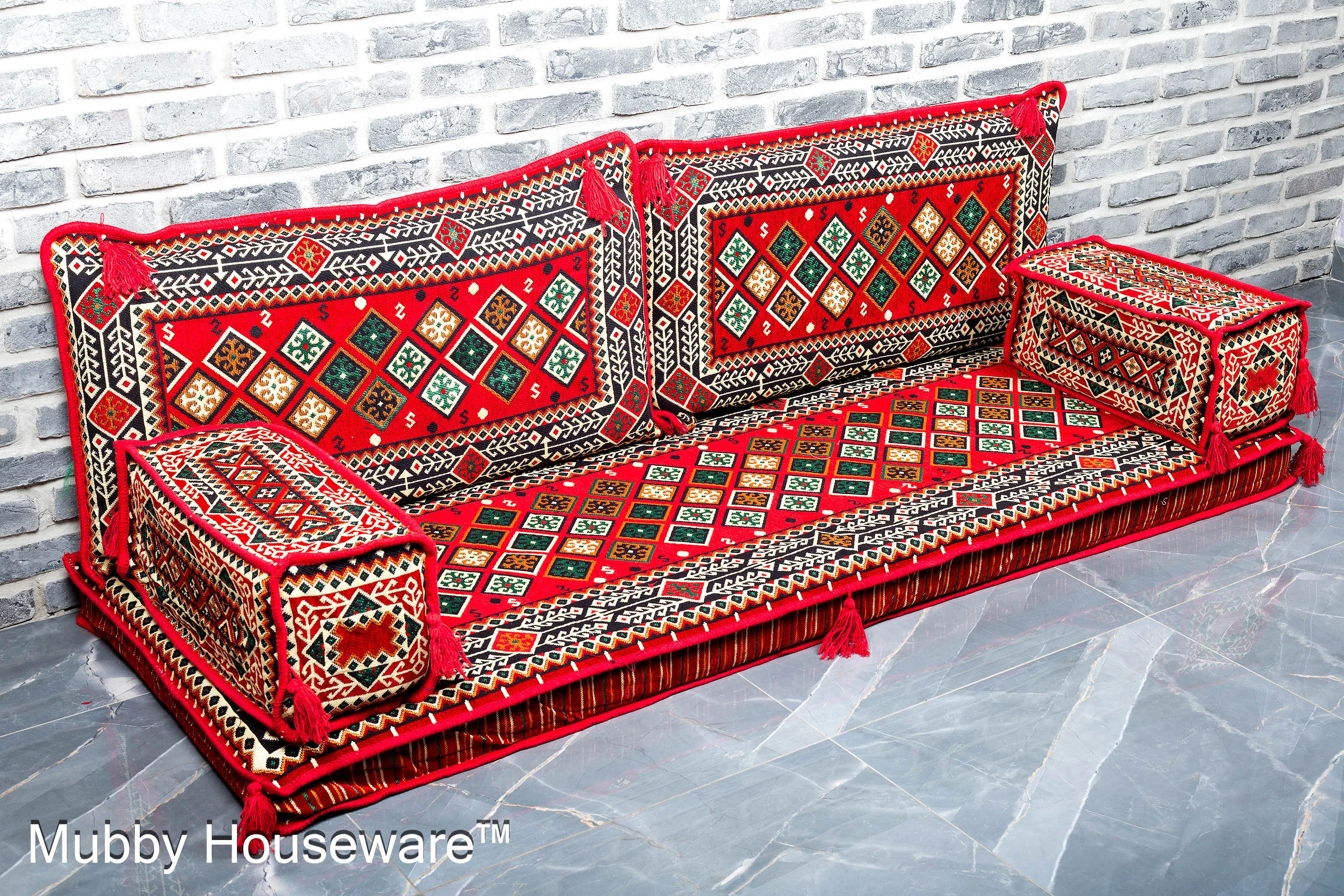 

Arabic Majlis Sofa Floor Seating Set Traditional Design Lounge Ottoman Couch Rug Jalsa Red Pillow Cushion