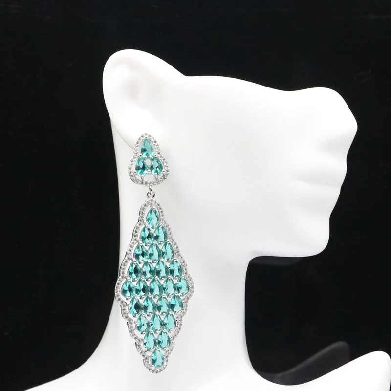 

73x25 мм SheCrown длинные большие 16 г ювелирные изделия набор создан синий Аквамарин кубический циркон для женщин невесты свадебные серебряные се...