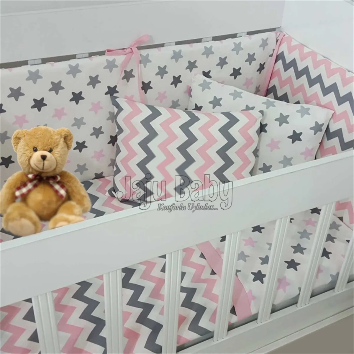 Jaju Baby Handmade, Pink Zigzag - Star Baby Duvet Cover Set and Edge Protection, Baby Duvet Cover, Baby sheet, Baby Barrier Set