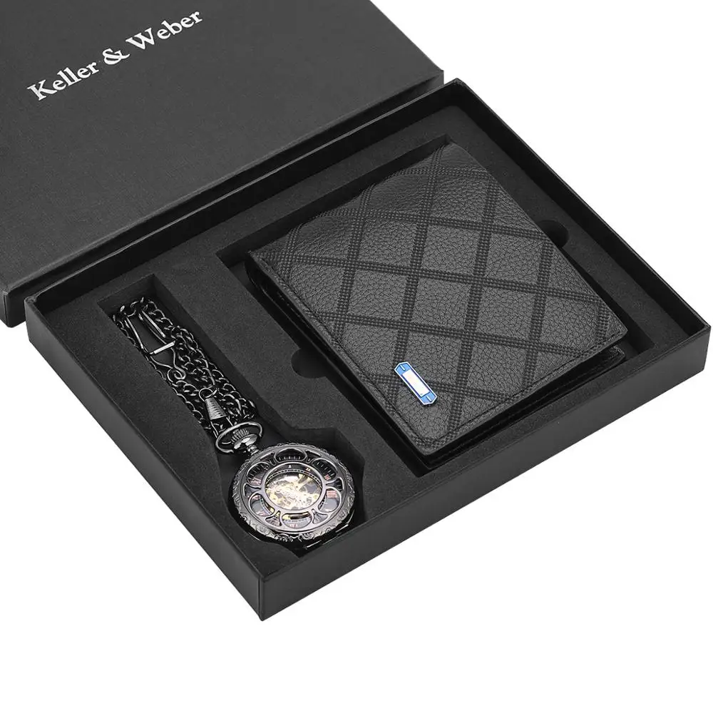 Pocket Watch Wallet Set Hollowed Out Mechanical Hand Wind Pocket Watch Leather Wallet for Father Husband Boyfriends pocket watch wallet gift set superman batman theme watch leather card holder wallet gift box for dad husband son reloj masculino