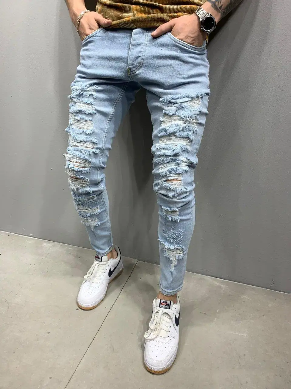 

Premium - Ice Blue Full Laser Distressed Mens Jean
