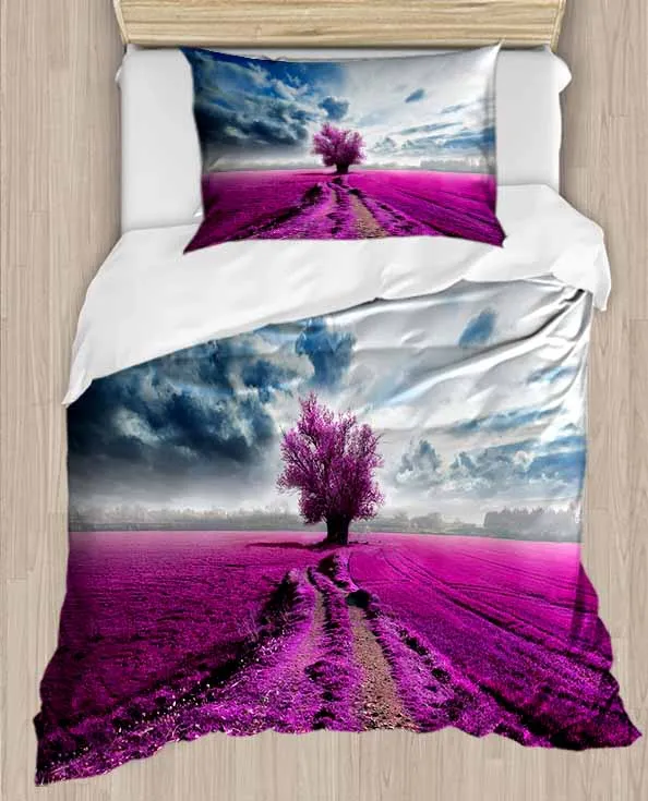 Else Purple Lavender Farm Trees Blue Sky 4 Piece 3D Print Cotton Satin Single Duvet Cover Bedding Set Pillow Case Bed Sheet | Дом и сад