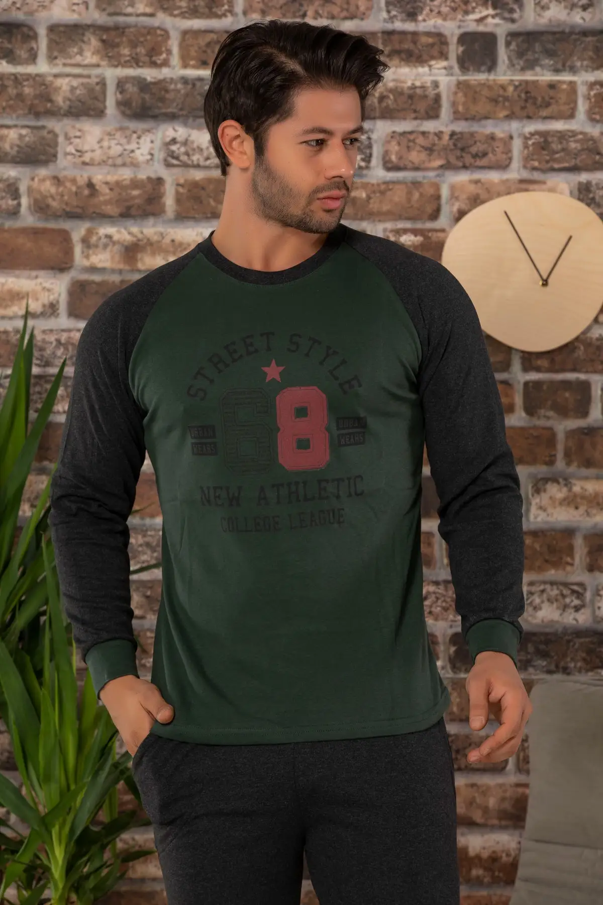 Клубничный Мужской зеленый хлопковый Пижамный костюм с длинными