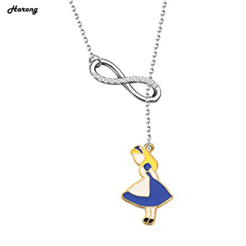 

Harong Newest Alice In Wonderland Necklaces Stainless Steel Cute Girl Crystal Pendant Women Kawaii Charm Jewelry Anime Necklace