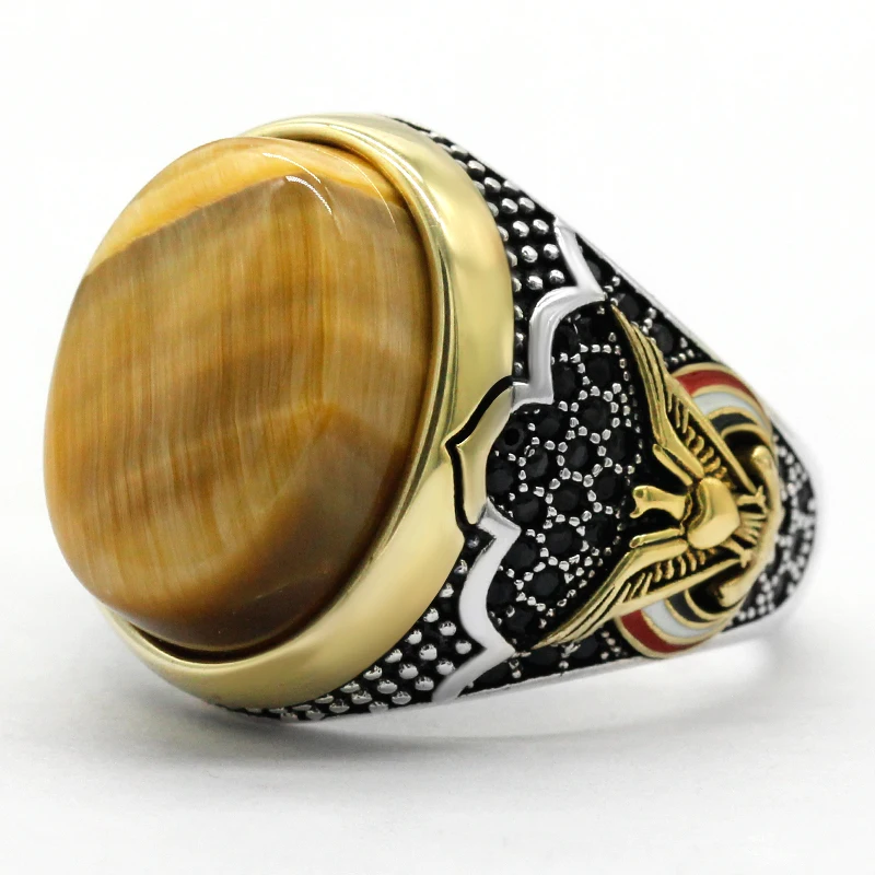 

2022 New Fashion Punk Vintage Rings For Men Gold Silver Color 925 Sterling Silver Tiger Eye Stone Jewelry Wedding Ring For Man