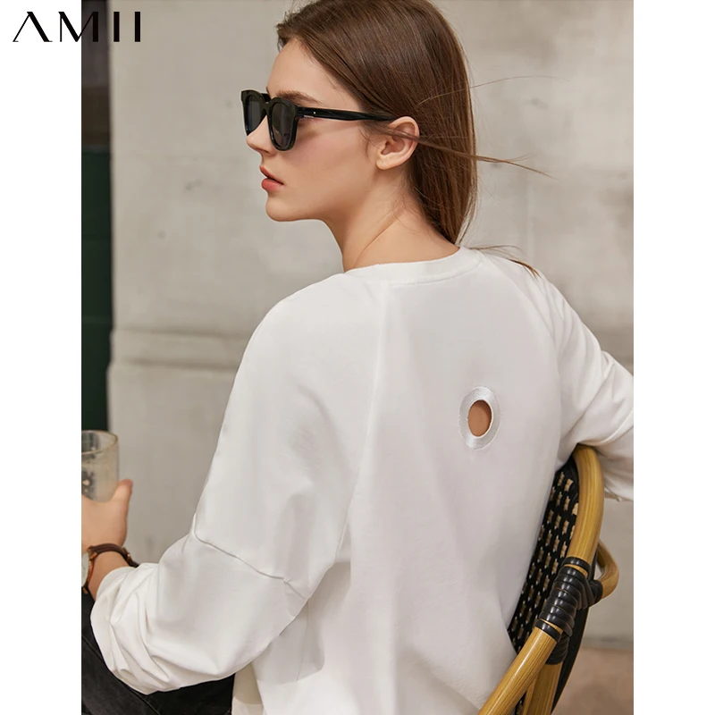 

Amii Minimalism Spring New Women's Sweatershirt Sport Causal 100%cotton Oneck Hollow Out Women's Pullover Women's Tops 12170038