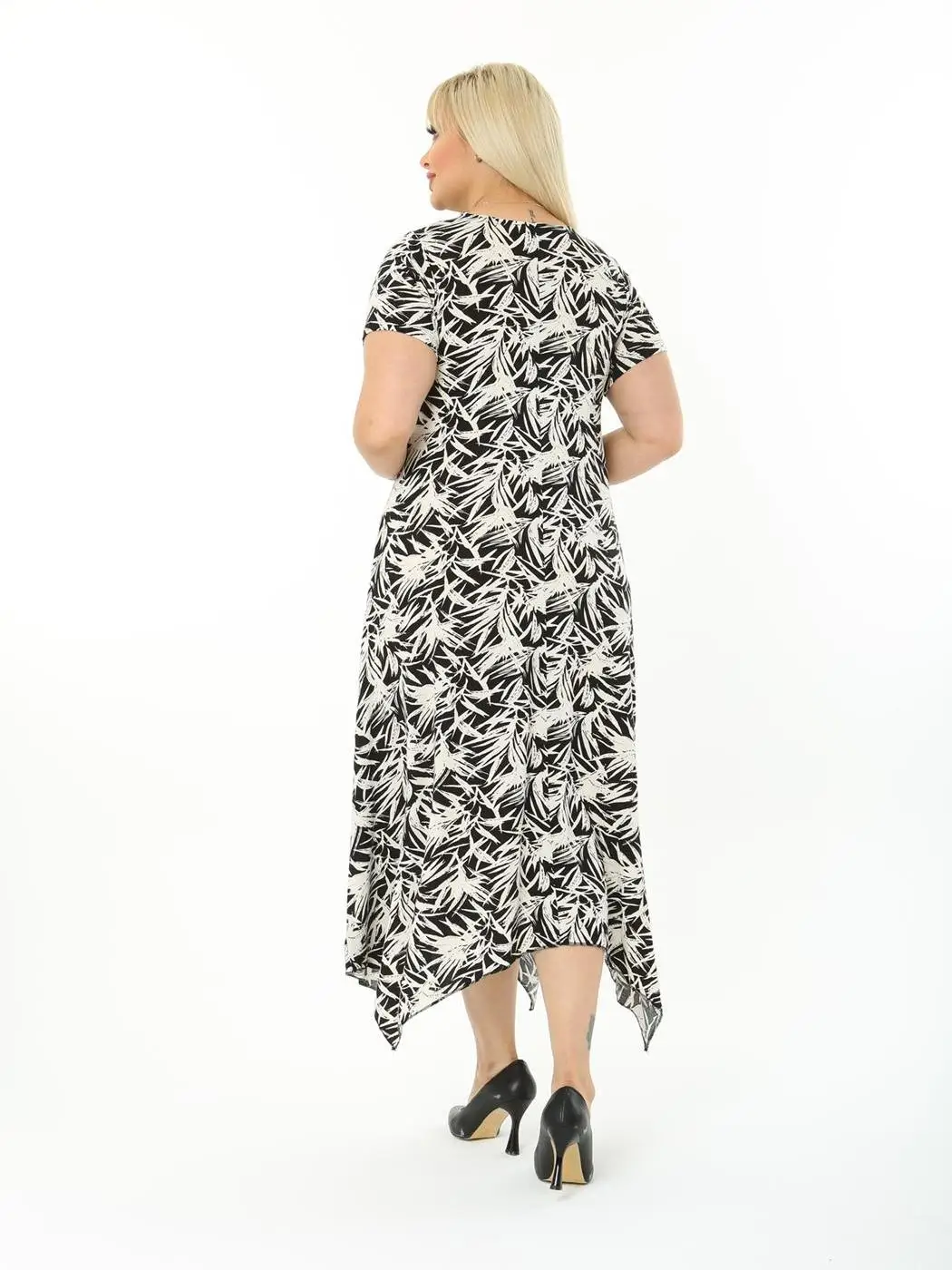 Plus Size Women Clothing 2022 Casual Asymmetrical Dressing Palm Tree Leaves Ankle-Length Lycra Knitted Viscose Made in Turkey