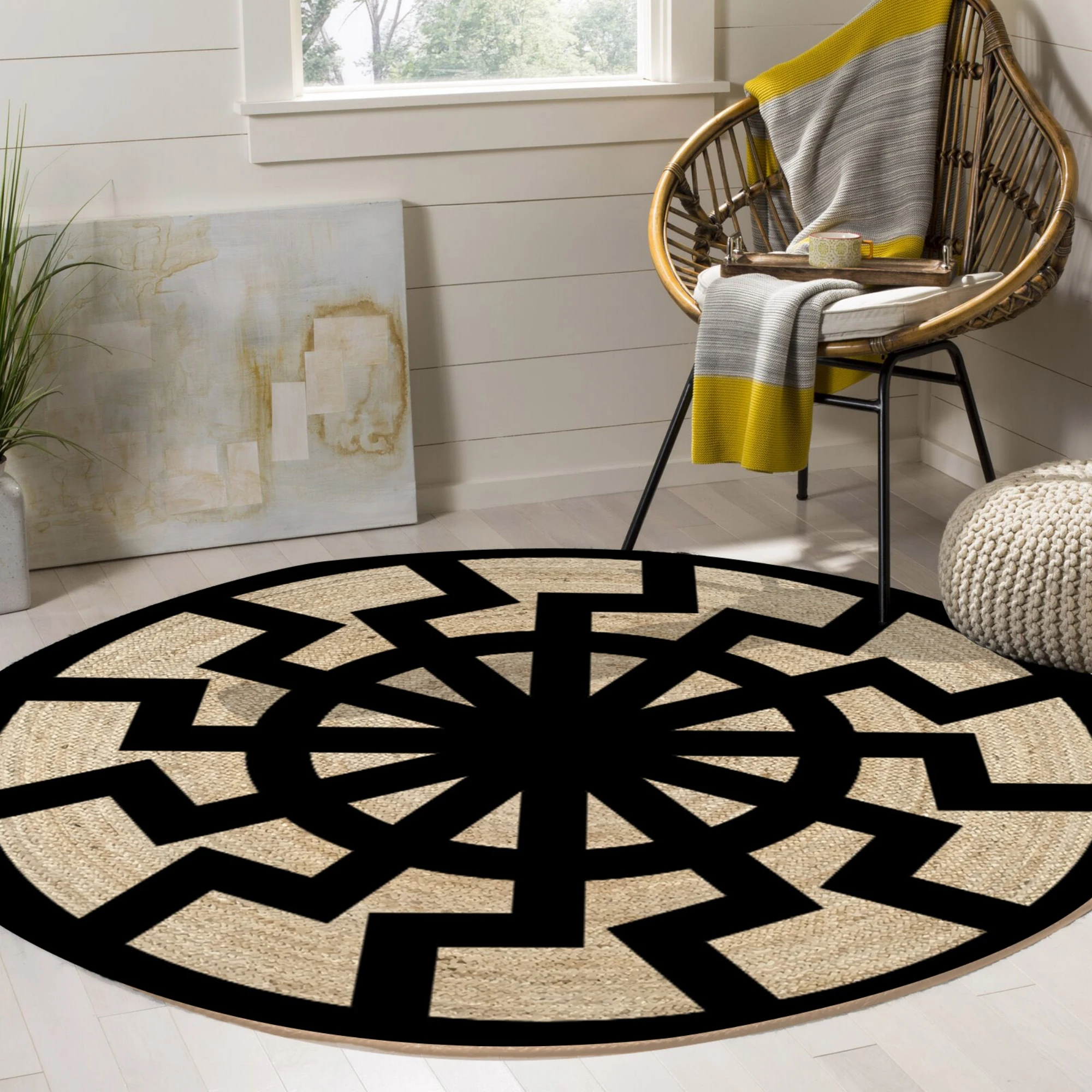 

Else Black Sun Sisal Handmade Flatweave Natural Jute Carpet Round Floor Mat Living Room Bedroom Sisal Area Rug