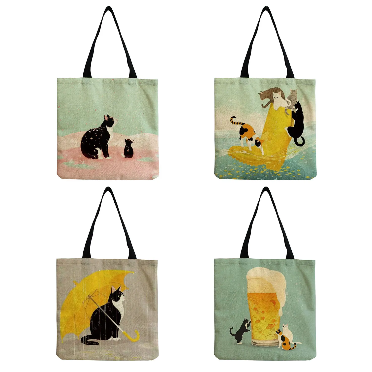 

Customized Cartoon Cat Print Korean Tote Bag For Women Eco Friendly Shopping Bags For Groceries Folding Travel School Bags Pouch