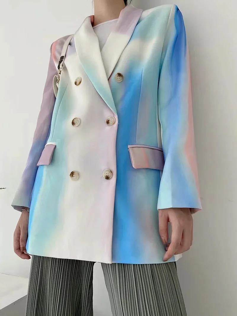 

Shawl Collar Overcoat Women Pastel Color Chic Fashion Rainbow Tie Dye Loose Fit Long Suit