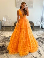 a line sexy orange tiered v neck sleeveless prom dress evening dress sexy evening dress vestidos de noche 2022 new