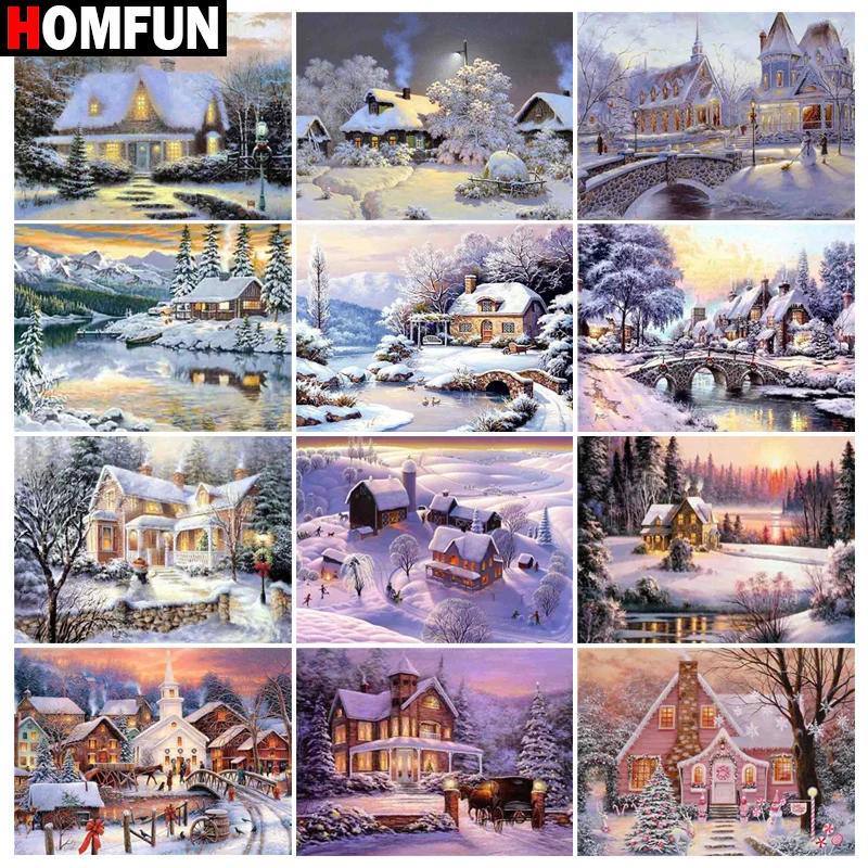 

Алмазная живопись HOMFUN, вышивка крестиком «Дом Снежная зима» 5D, для творчества, полноразмерная/круглая картина