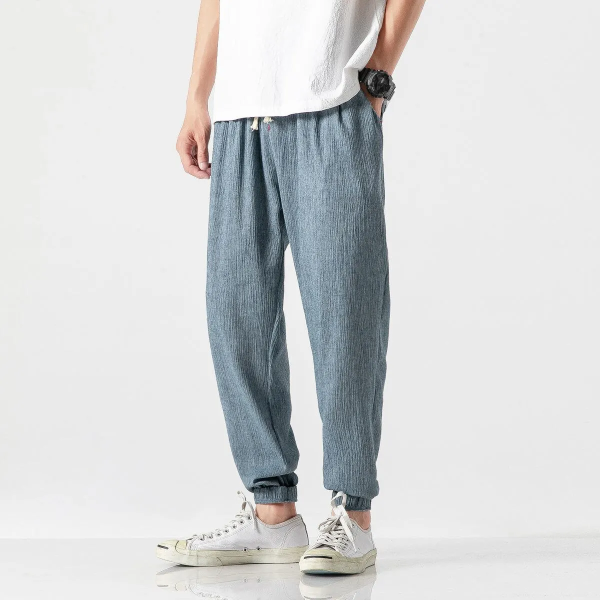 

Mwb cotton linen men's fashion Harem pants solid boy basic Streetwear men's summer ice silk pants casual men's cargo pants