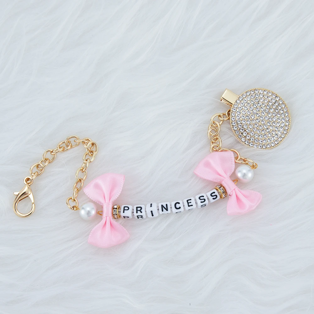 MIYOCAR any name can make bling rhinestone pink bow pacifier clip dummy clip stroller chain stroller toy set