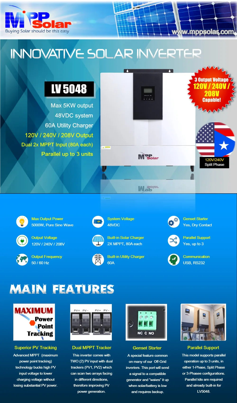 LV) разделенная фаза 5000 Вт 110vac/220vac 48vdc солнечный инвертор+ 80A двойной MPPT Солнечное зарядное устройство+ 60A зарядное устройство