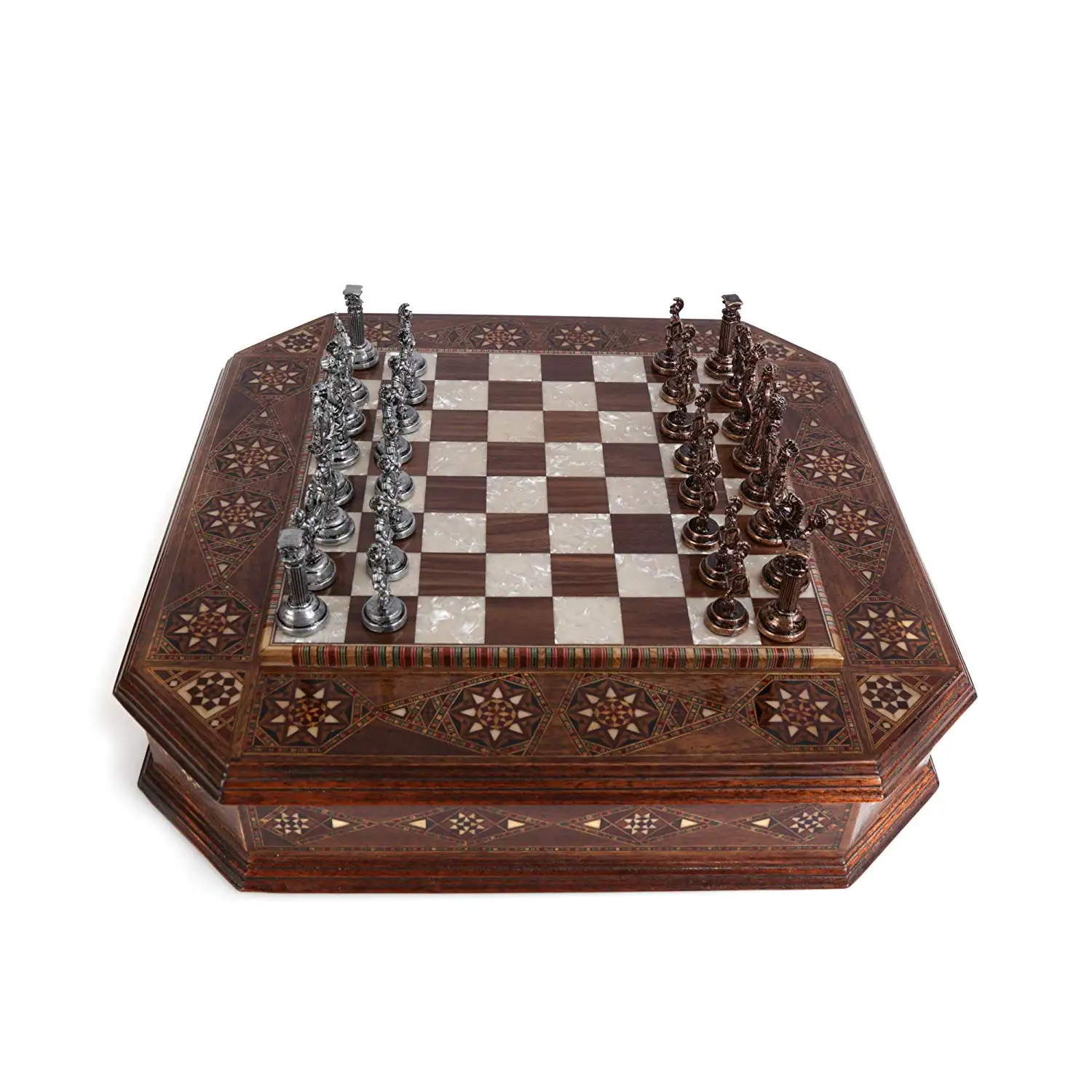 

Antique Copper Rome Figures Metal Chess Set Handmade Pieces Octagon Natural Solid Wooden Chess Board Storage Inside