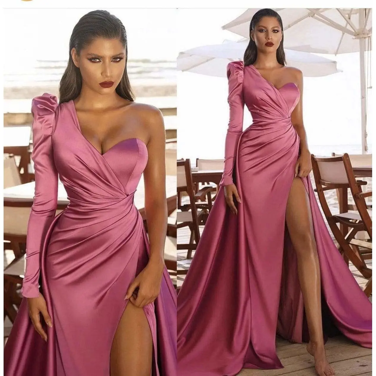 

CloverBridal 2022 robes de soirée vestidos elegantes para mujer Single Sleeve Satin High Slit Fuchsia Evening Dress WE9536