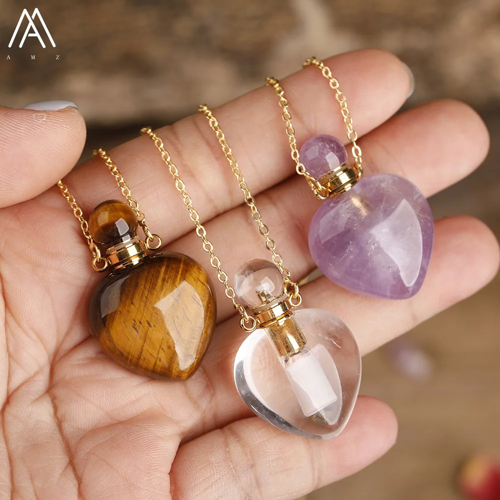 Fashion Women Heart Stone Essential Oil Pendant Necklace  Roses Amethysts Quartz Perfume Bottle Necklace Jewelry Gift Dropship